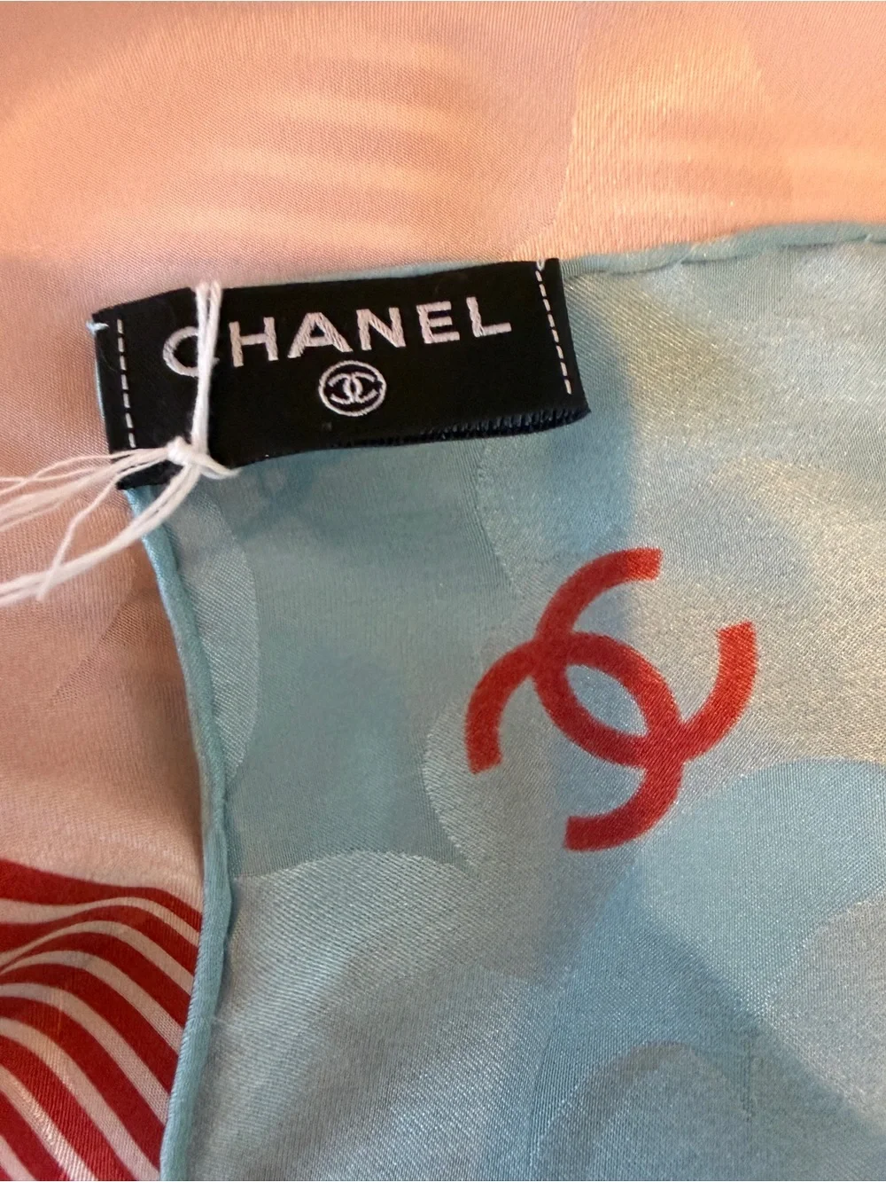 CHANEL 26C 90cm Square Scarf NWT – Light Pink, Red & Blue